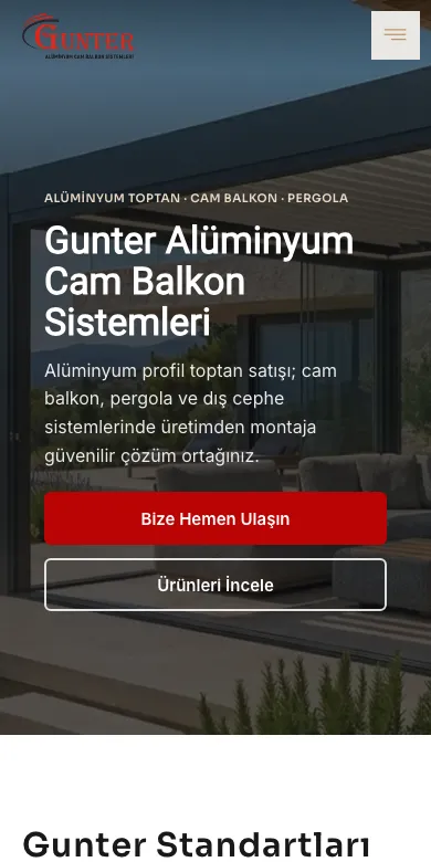Gunter Alüminyum web sitesinin telefondaki görünümü